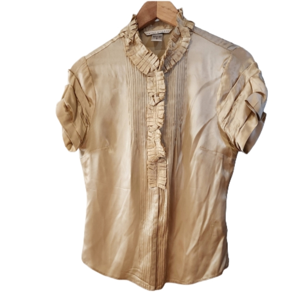 100% Silk 8 Peter Nygard Gold Ruffled Short‎ Sleeve Blouse